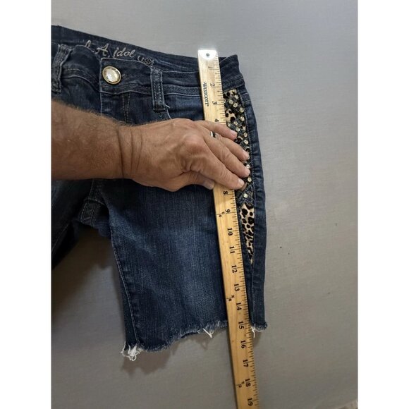LA Idol Cut Off Denim Shorts Women's 7 Blue Embellished Flap‎ Pocket Studded. - Picture 8 of 9
